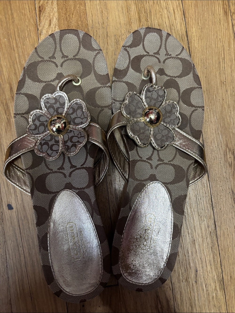 Coach Brown Signature Canvas Sandal with Gold Floral Accent